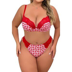 WOMEN'S Red Heart Sexy Lace Push Up Bra & Babydoll Nightwear Lingerie Set